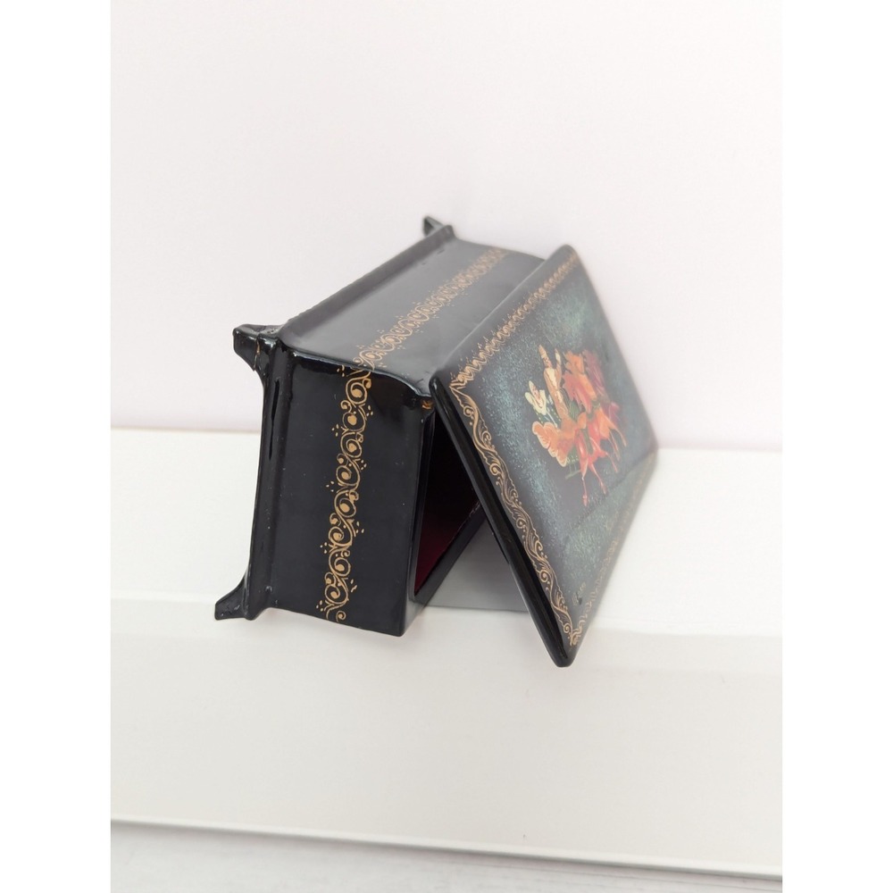 Vtg Handpainted Russian Trinket Box Lacquer Mstera Signed Horses Troika Sleigh - Picture 7 of 16